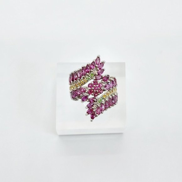 Garnet Cluster Ring, Rhodolite Full Finger Ring, Cocktail Statement Ring - Picture 1 of 5